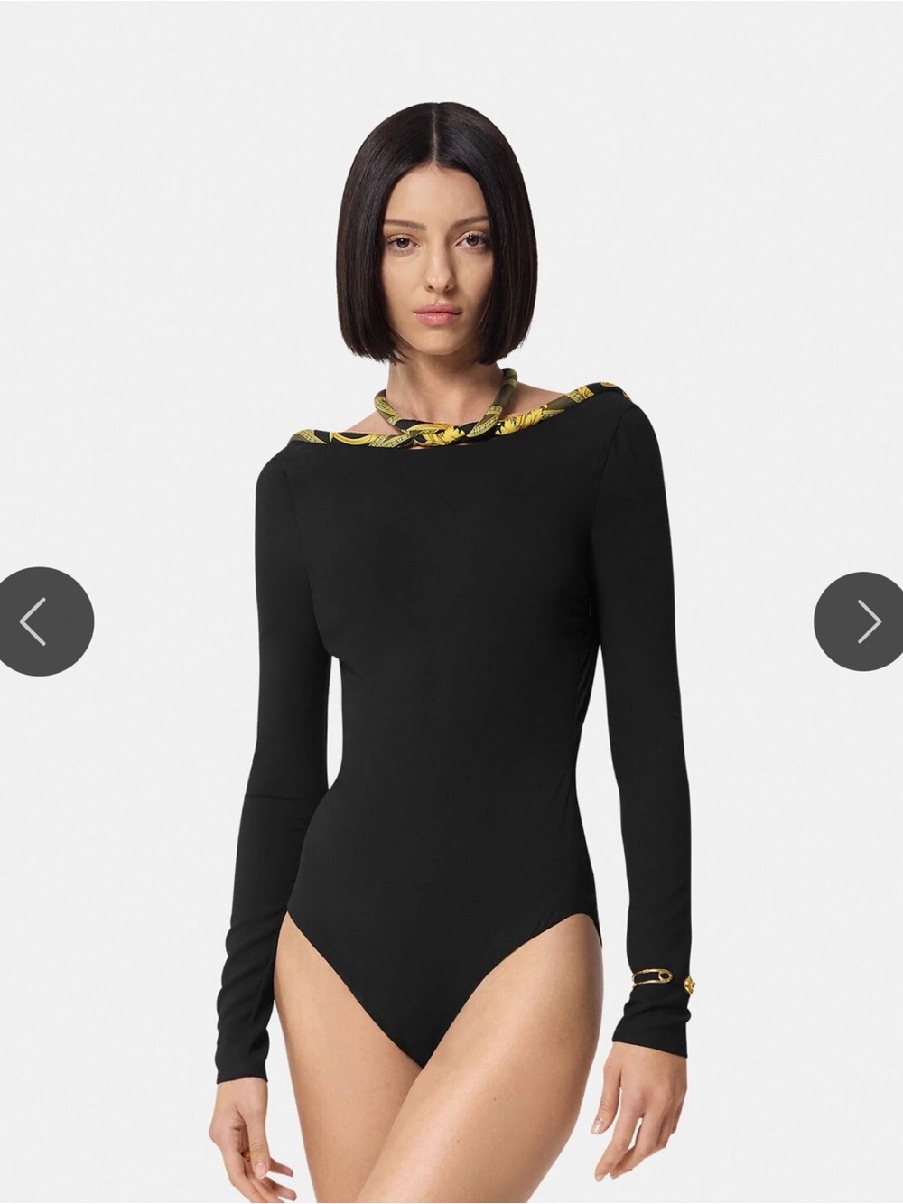 Versace Black Long-Sleeve Bodysuit with Yellow Baroque Trim
